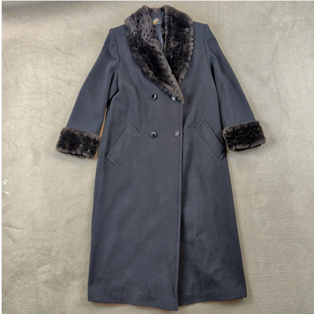 Vintage 90s V&D Wool Coat Womens 10 Black Faux Fur Collar Cuffs Maxi Made USA